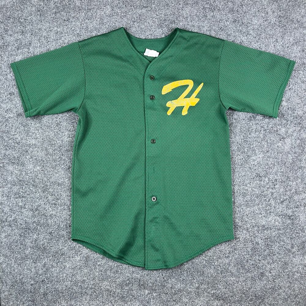 Baseball Jersey Mens Size L 42-44 Green‎ Mesh Button Front Yellow H Logo
